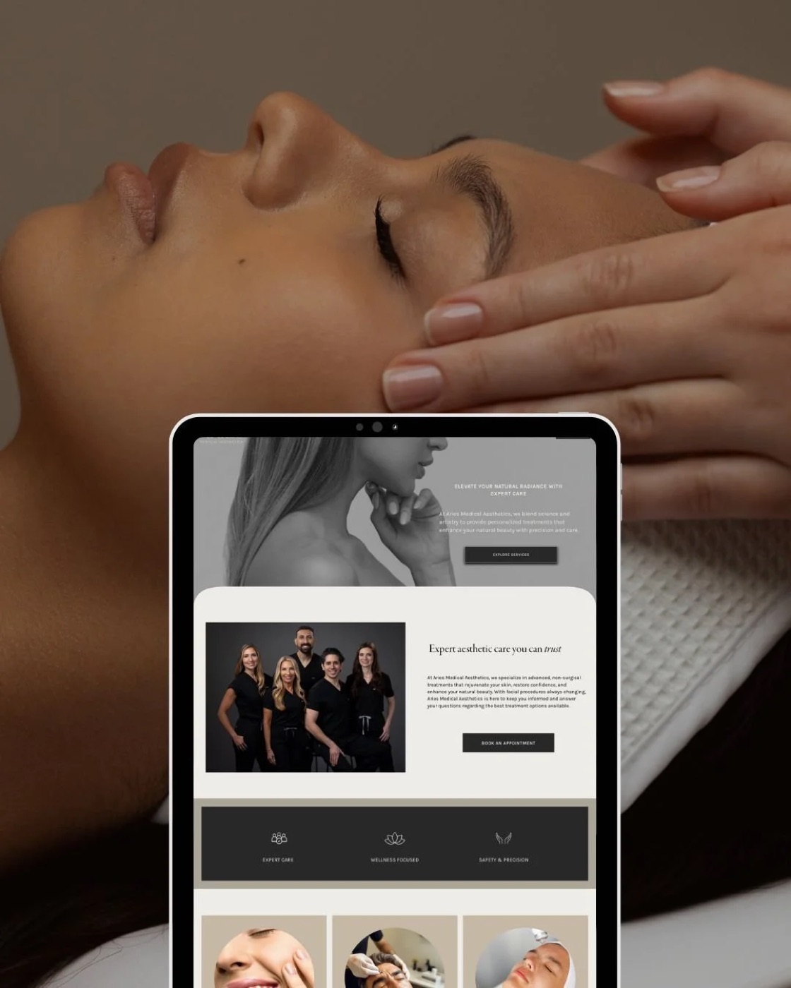 Aries Medical Aesthetics website shown on a tablet during a facial