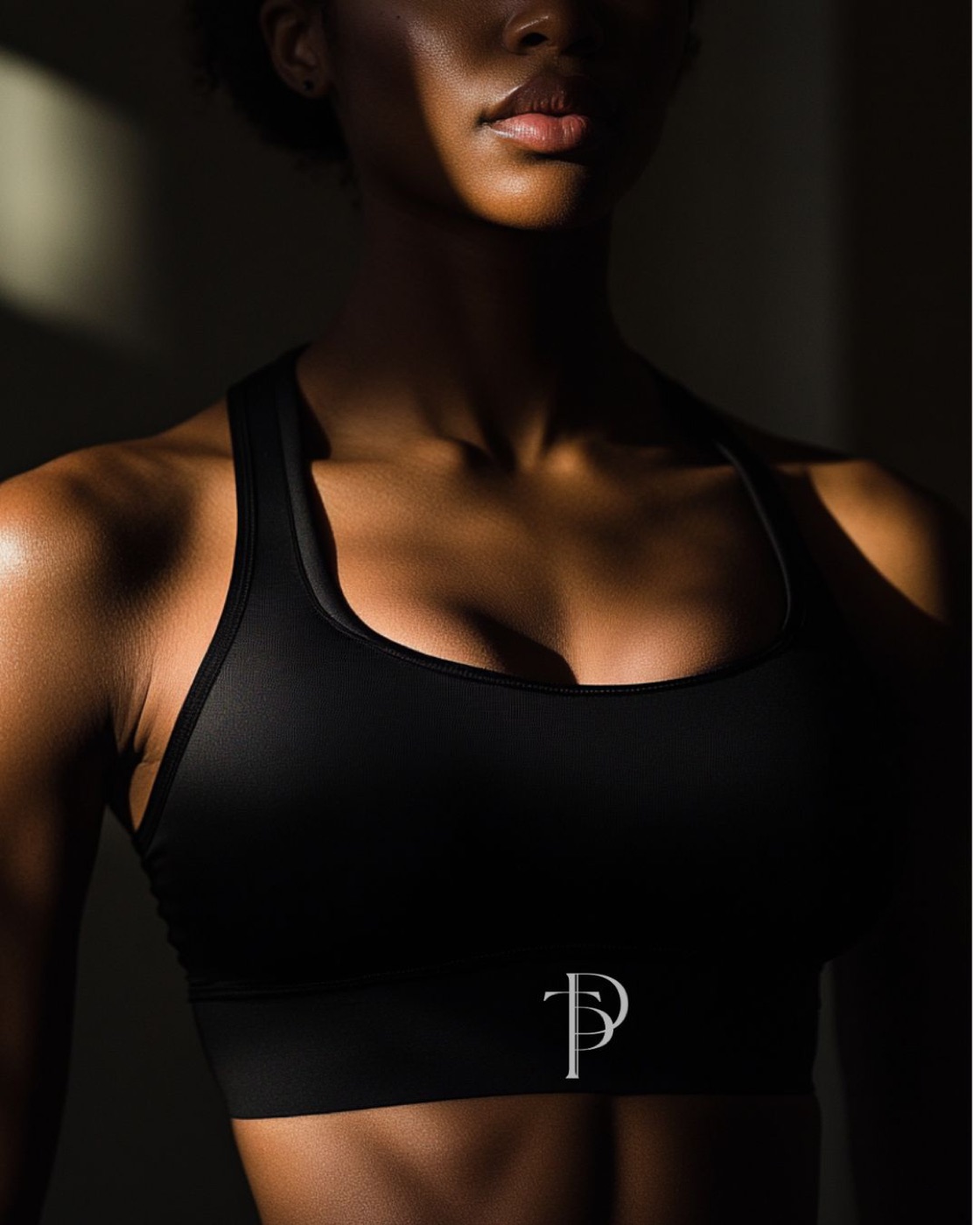 Plank to Pike Pilates monogram on a black sports bra